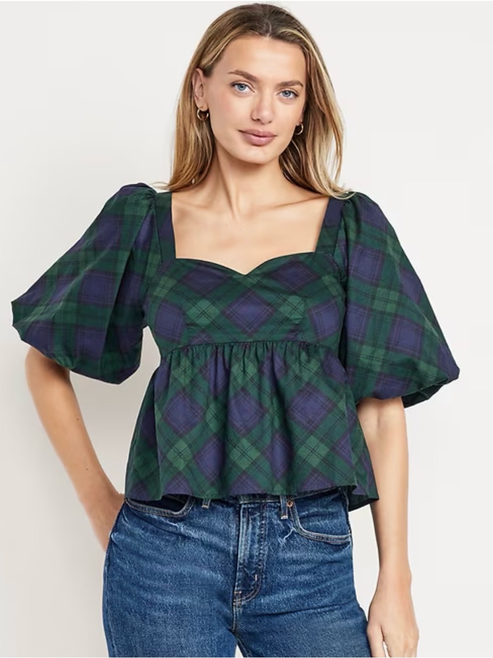 Old Navy Green & Blue Plaid Puff-Sleeve Square-Neck Peplum Top